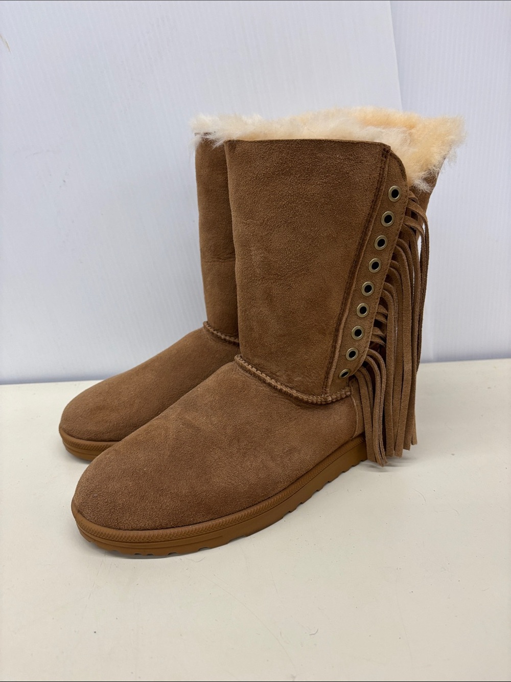 Abeo Chestnut Brown Suede Fringe Shearling Boots - Picture 1 of 8